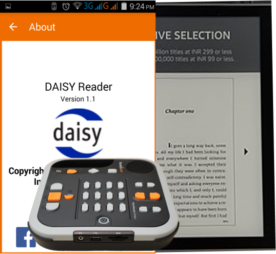 Foto van een Daisy speler, met op de achtergrond screenshots van Daisy software